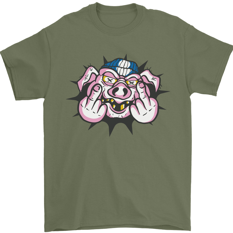 Offensive Pig Finger Flip Mens T-Shirt Cotton Gildan Military Green