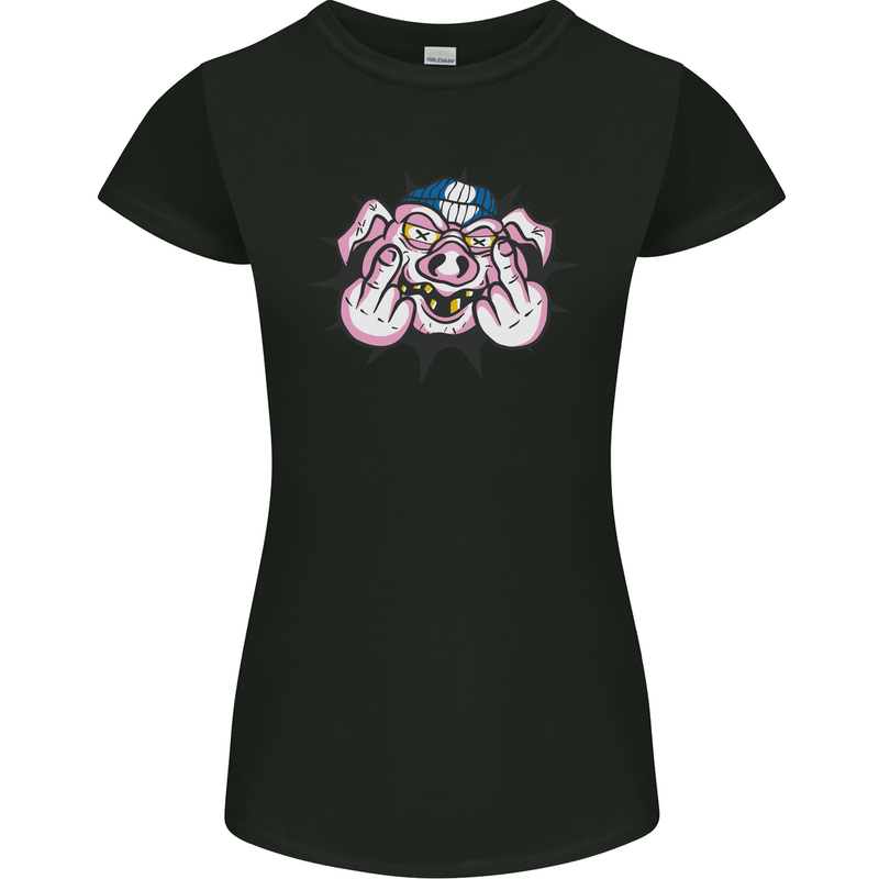 Offensive Pig Finger Flip Womens Petite Cut T-Shirt Black