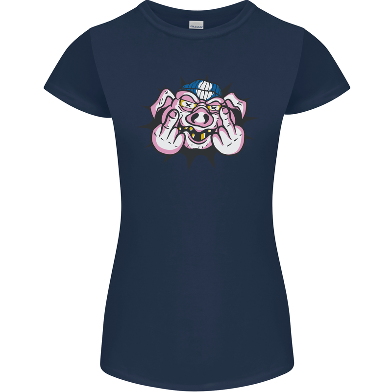 Offensive Pig Finger Flip Womens Petite Cut T-Shirt Navy Blue