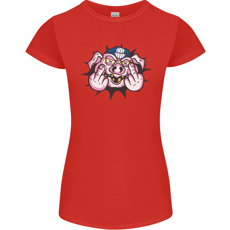 Offensive Pig Finger Flip Womens Petite Cut T-Shirt Red