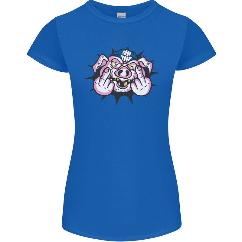 Offensive Pig Finger Flip Womens Petite Cut T-Shirt Royal Blue