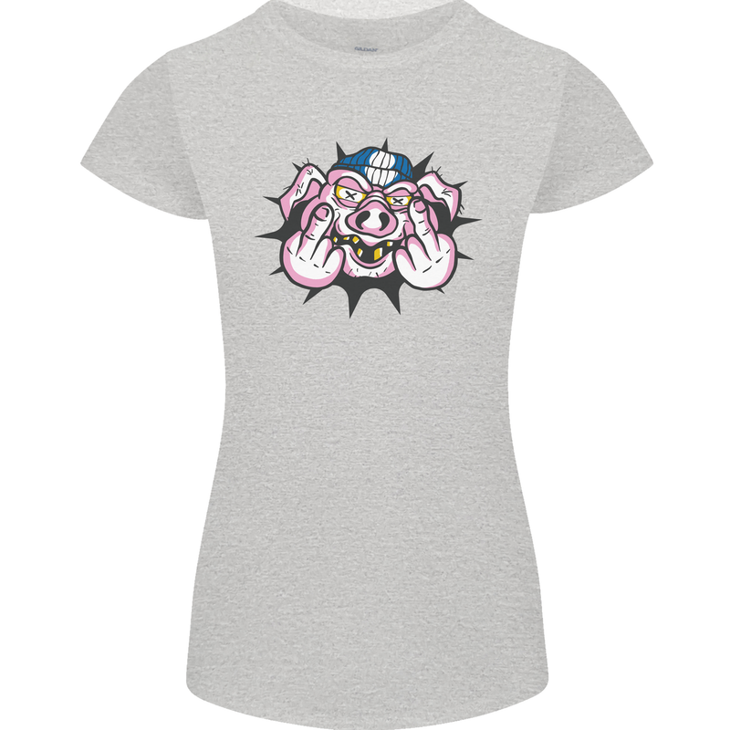 Offensive Pig Finger Flip Womens Petite Cut T-Shirt Sports Grey
