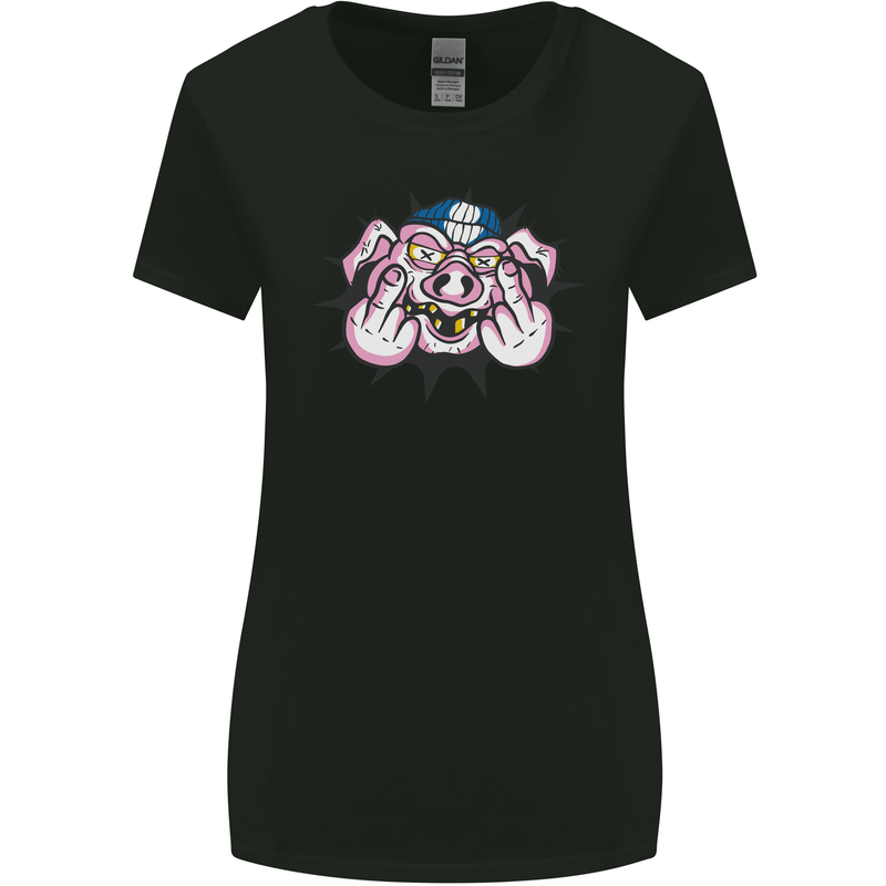 Offensive Pig Finger Flip Womens Wider Cut T-Shirt Black