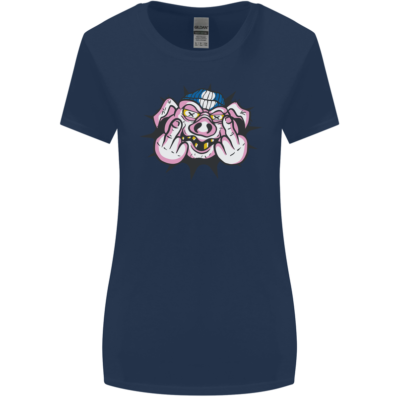 Offensive Pig Finger Flip Womens Wider Cut T-Shirt Navy Blue