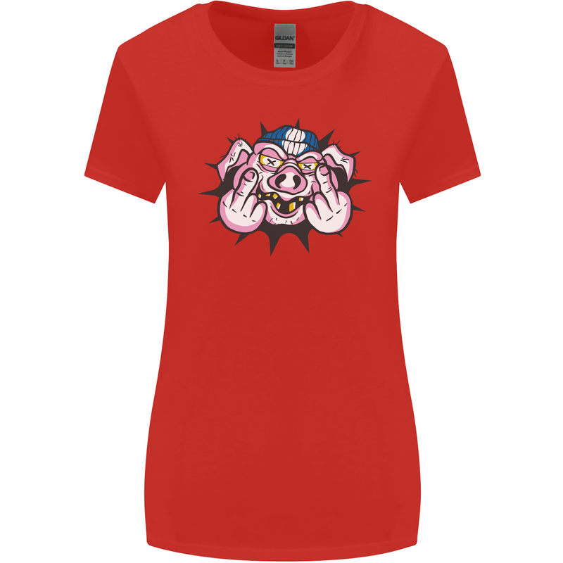 Offensive Pig Finger Flip Womens Wider Cut T-Shirt Red
