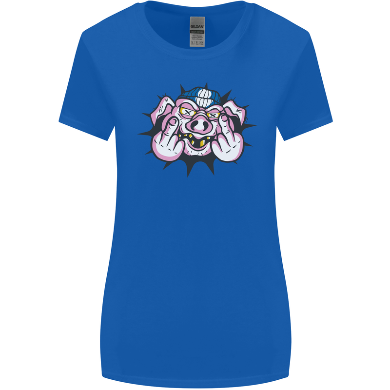 Offensive Pig Finger Flip Womens Wider Cut T-Shirt Royal Blue