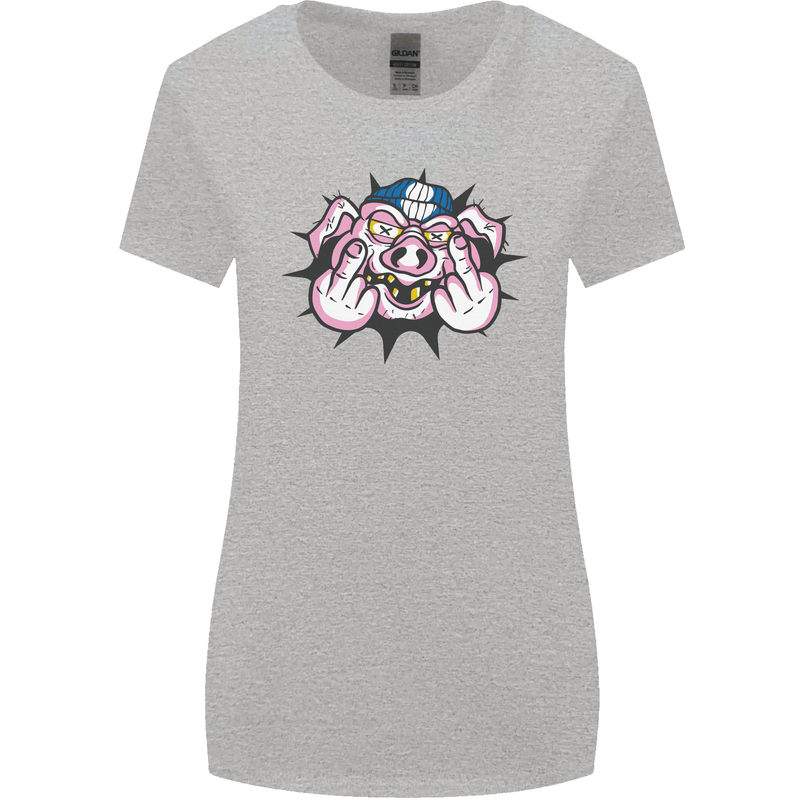 Offensive Pig Finger Flip Womens Wider Cut T-Shirt Sports Grey