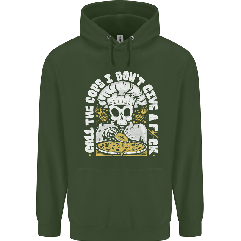 Offensive Pizza Eating Skull Chef Childrens Kids Hoodie Forest Green