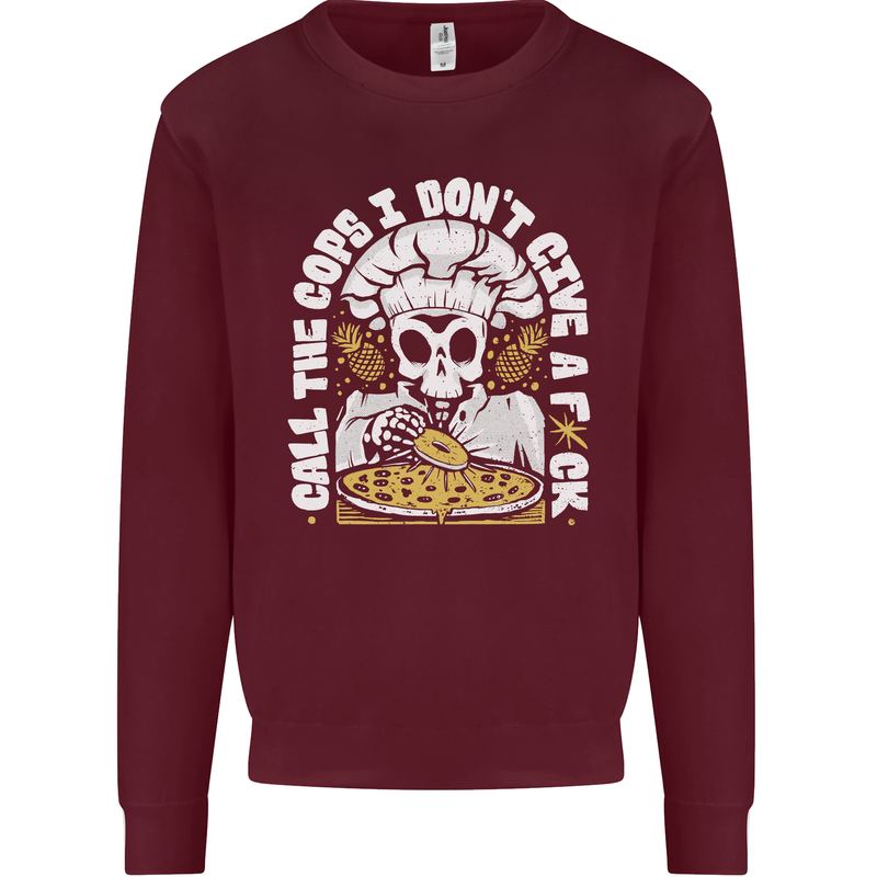 Offensive Pizza Eating Skull Chef Kids Sweatshirt Jumper Maroon