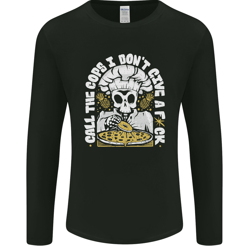 Offensive Pizza Eating Skull Chef Mens Long Sleeve T-Shirt Black