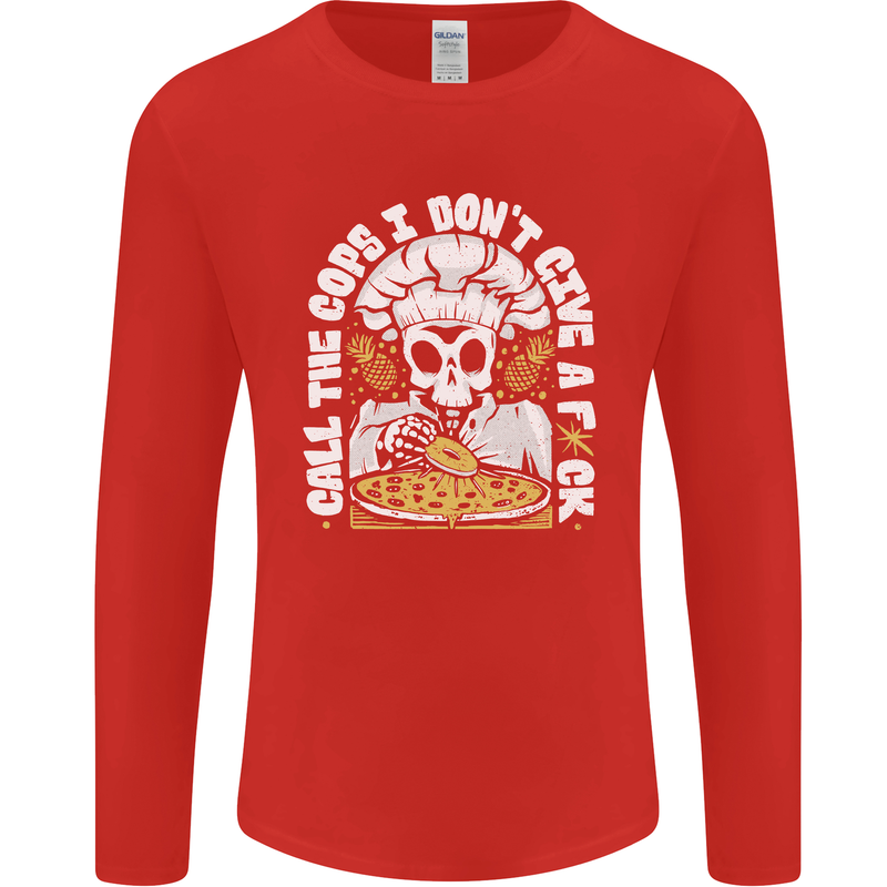 Offensive Pizza Eating Skull Chef Mens Long Sleeve T-Shirt Red