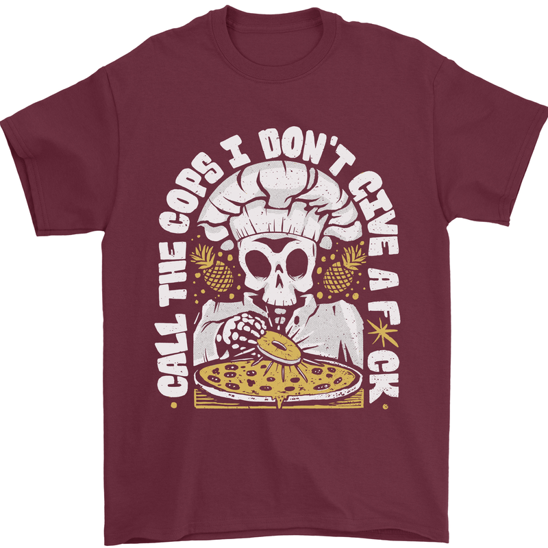 Offensive Pizza Eating Skull Chef Mens T-Shirt 100% Cotton Maroon