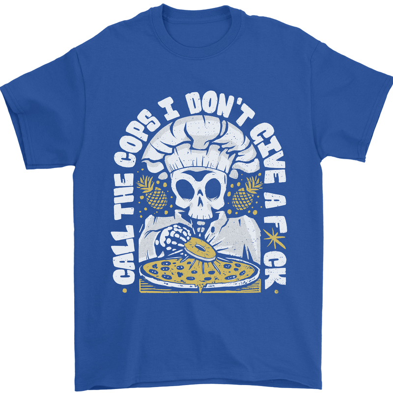 Offensive Pizza Eating Skull Chef Mens T-Shirt 100% Cotton Royal Blue