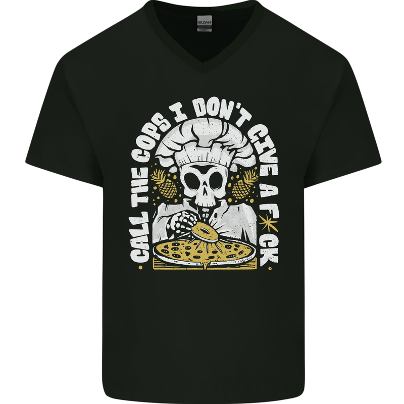 Offensive Pizza Eating Skull Chef Mens V-Neck Cotton T-Shirt Black