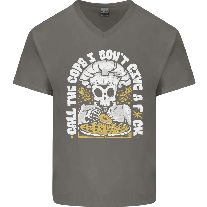 Offensive Pizza Eating Skull Chef Mens V-Neck Cotton T-Shirt Charcoal