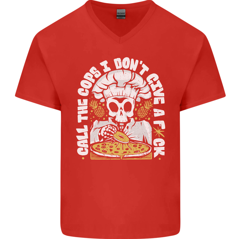 Offensive Pizza Eating Skull Chef Mens V-Neck Cotton T-Shirt Red