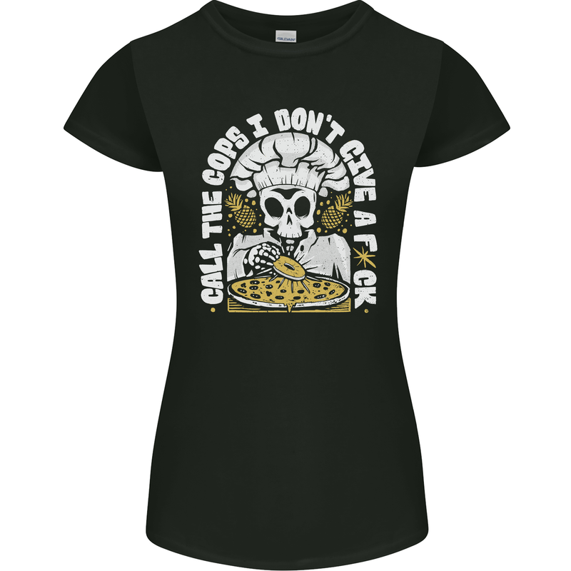 Offensive Pizza Eating Skull Chef Womens Petite Cut T-Shirt Black