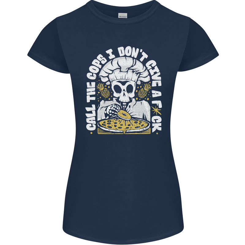 Offensive Pizza Eating Skull Chef Womens Petite Cut T-Shirt Navy Blue
