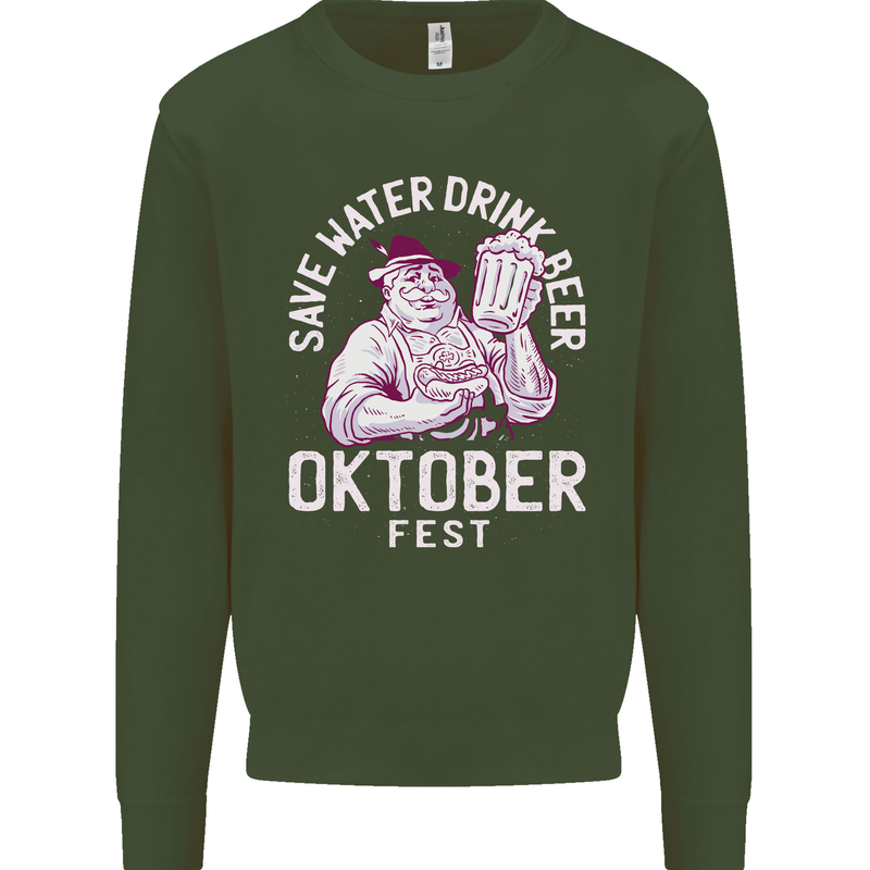 Oktoberfest Drink Beer Save Water Kids Sweatshirt Jumper Forest Green