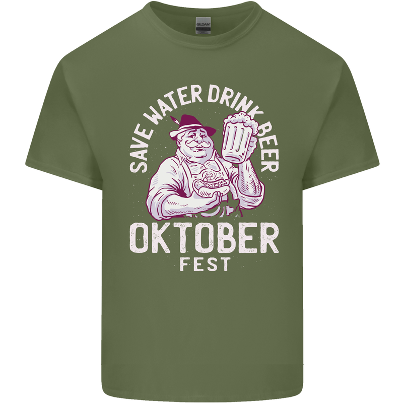 Oktoberfest Drink Beer Save Water Mens Cotton T-Shirt Tee Top Military Green