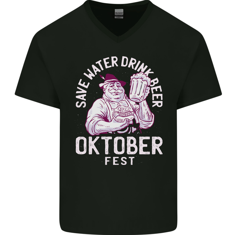 Oktoberfest Drink Beer Save Water Mens V-Neck Cotton T-Shirt Black