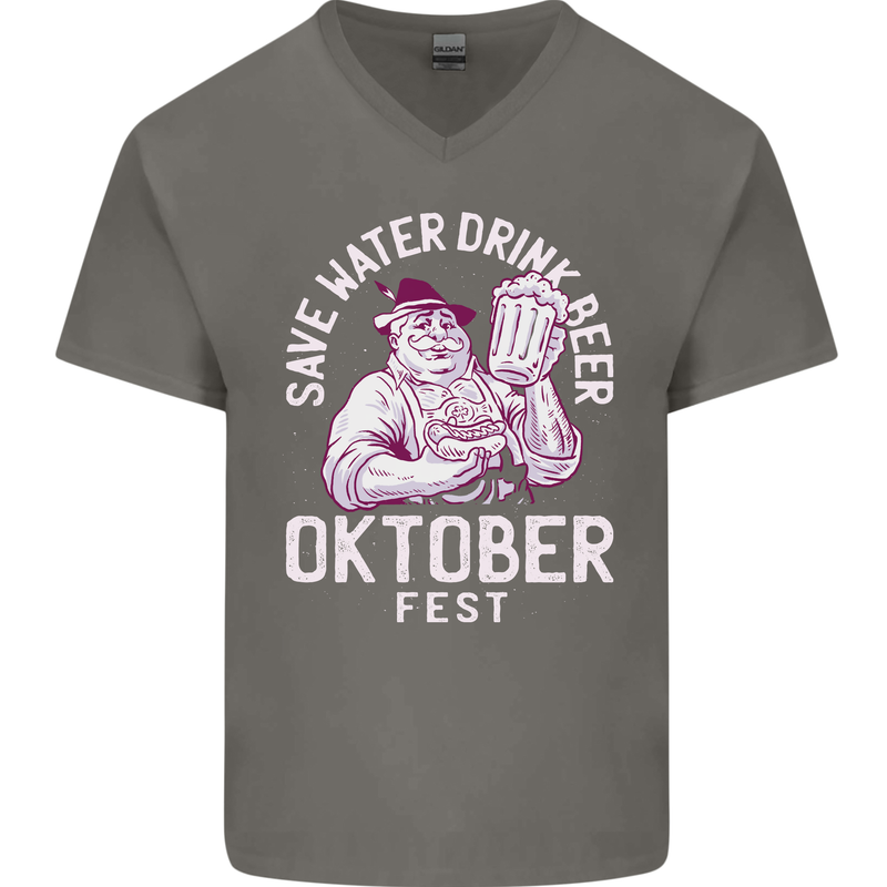 Oktoberfest Drink Beer Save Water Mens V-Neck Cotton T-Shirt Charcoal