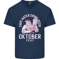 Oktoberfest Drink Beer Save Water Mens V-Neck Cotton T-Shirt Navy Blue