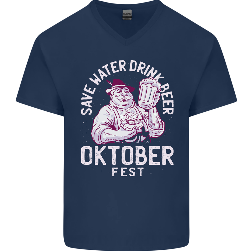 Oktoberfest Drink Beer Save Water Mens V-Neck Cotton T-Shirt Navy Blue