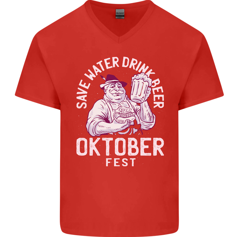 Oktoberfest Drink Beer Save Water Mens V-Neck Cotton T-Shirt Red