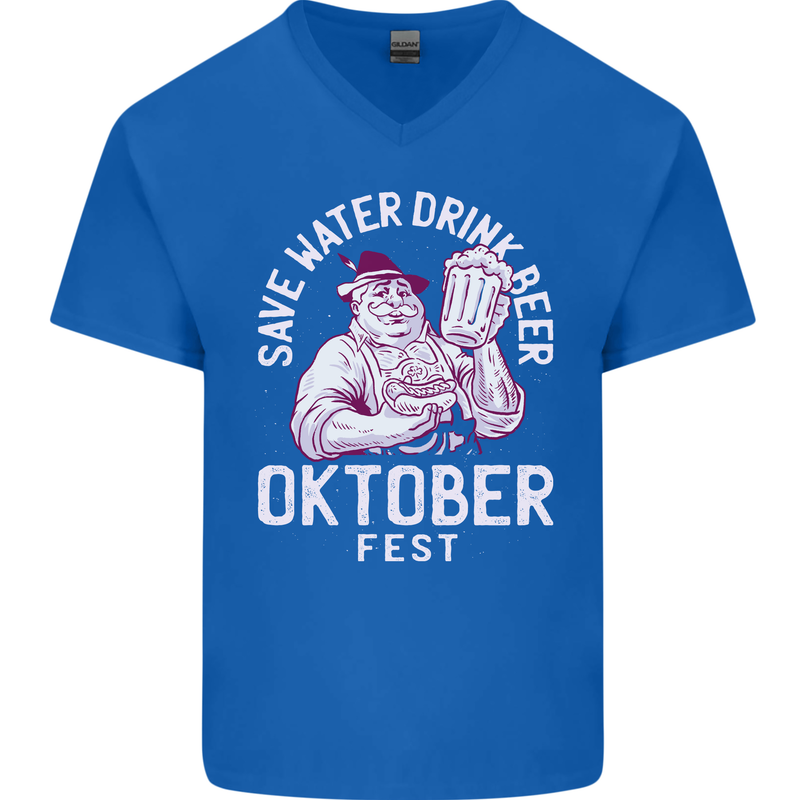 Oktoberfest Drink Beer Save Water Mens V-Neck Cotton T-Shirt Royal Blue