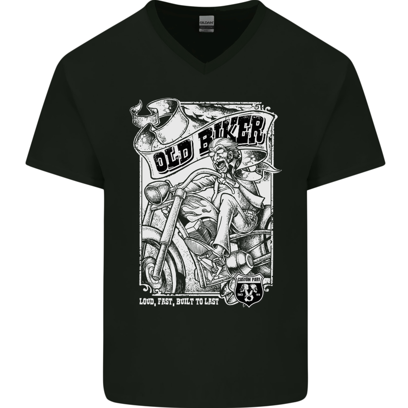 Old Man Biker Motorcycle Motorbike Mens V-Neck Cotton T-Shirt Black