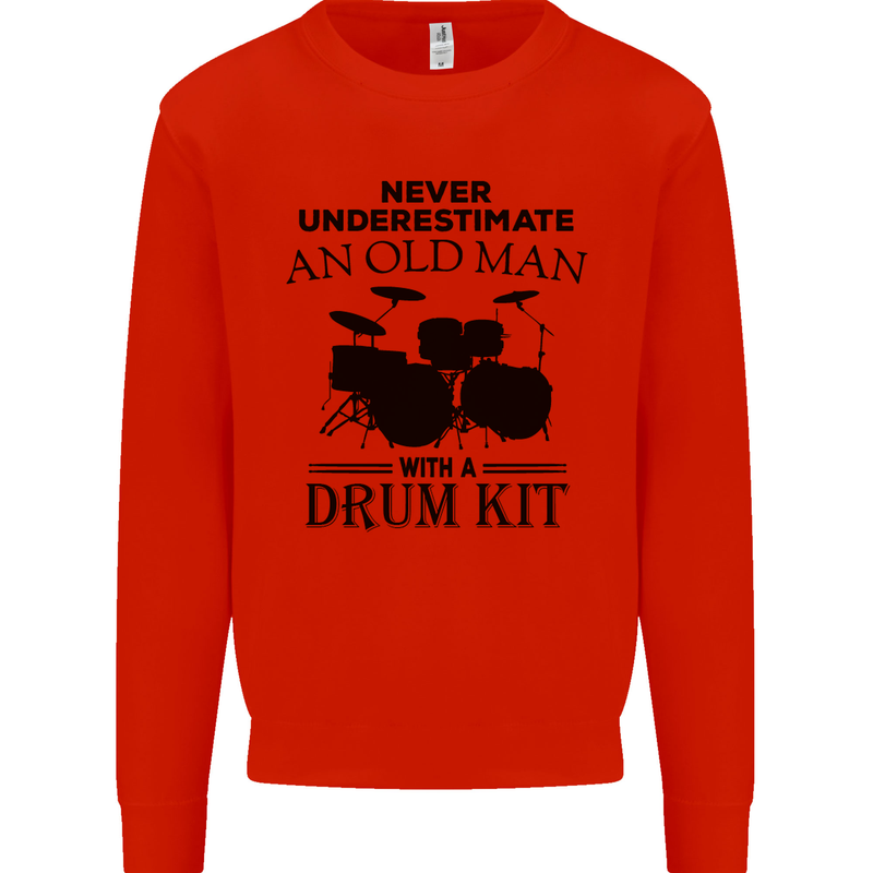 Old Man Drumming Drum Kit Drummer Funny Kids Sweatshirt Jumper Bright Red