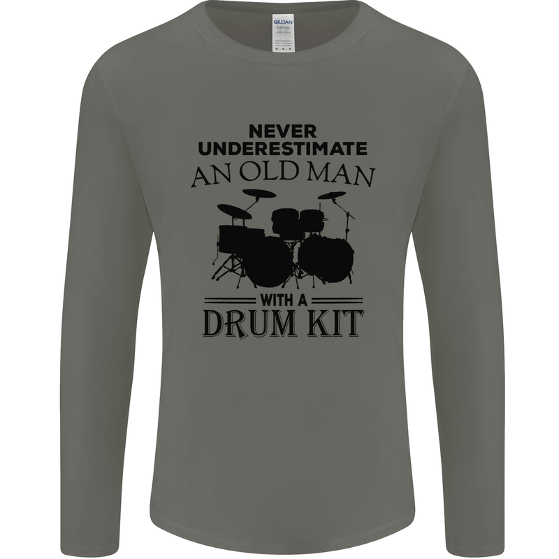 Old Man Drumming Drum Kit Drummer Funny Mens Long Sleeve T-Shirt Charcoal