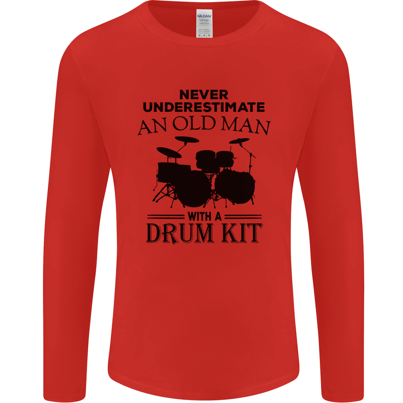 Old Man Drumming Drum Kit Drummer Funny Mens Long Sleeve T-Shirt Red