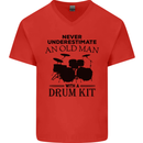 Old Man Drumming Drum Kit Drummer Funny Mens V-Neck Cotton T-Shirt Red
