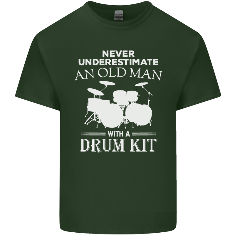 Old Man Drumming Drum Kit Funny Drummer Mens Cotton T-Shirt Tee Top Forest Green