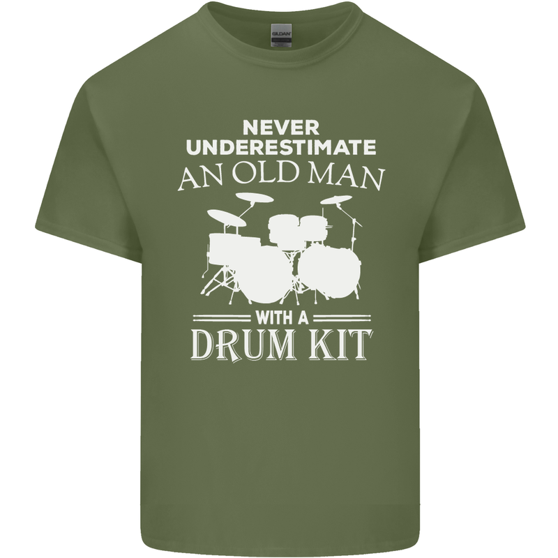 Old Man Drumming Drum Kit Funny Drummer Mens Cotton T-Shirt Tee Top Military Green