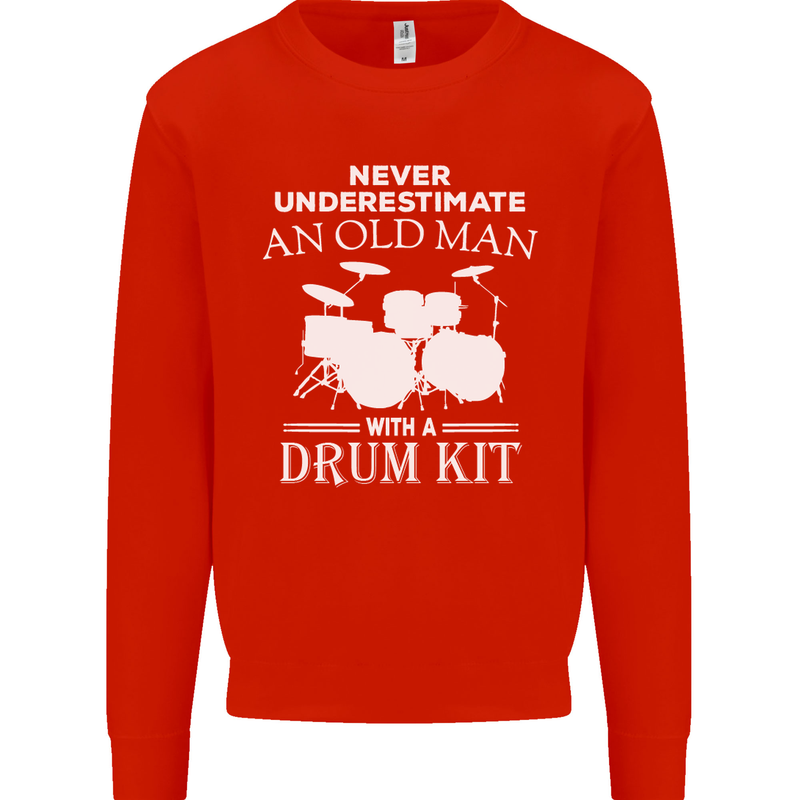 Old Man Drumming Drum Kit Funny Drummer Mens Sweatshirt Jumper Bright Red