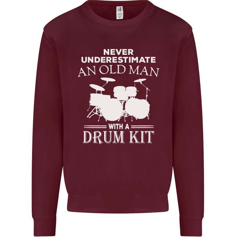 Old Man Drumming Drum Kit Funny Drummer Mens Sweatshirt Jumper Maroon