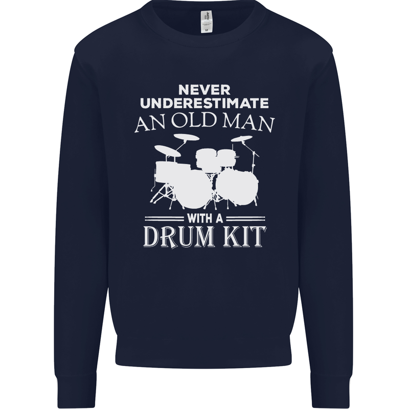 Old Man Drumming Drum Kit Funny Drummer Mens Sweatshirt Jumper Navy Blue