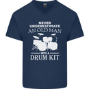 Old Man Drumming Drum Kit Funny Drummer Mens V-Neck Cotton T-Shirt Navy Blue