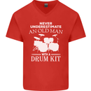 Old Man Drumming Drum Kit Funny Drummer Mens V-Neck Cotton T-Shirt Red