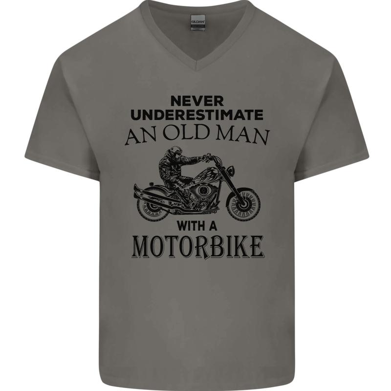 Old Man Motorbike Biker Motorcycle Funny Mens V-Neck Cotton T-Shirt Charcoal