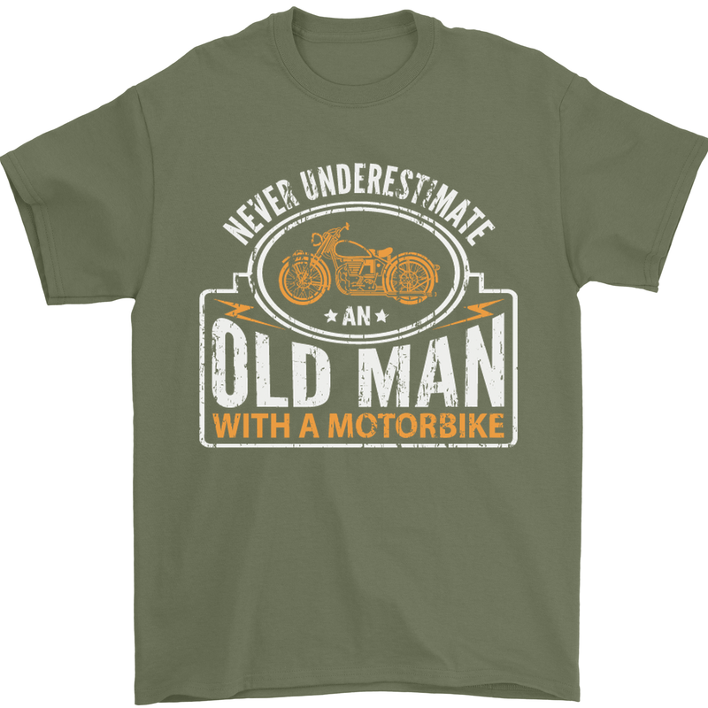 Old Man Motorcycle Motorbike Biker Funny Mens T-Shirt Cotton Gildan Military Green