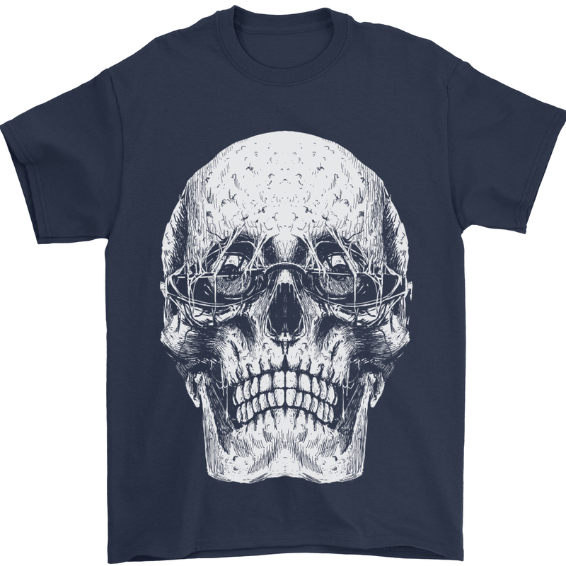 Old Man Skull With Glasses Gothic Biker Mens T-Shirt Cotton Gildan Navy Blue