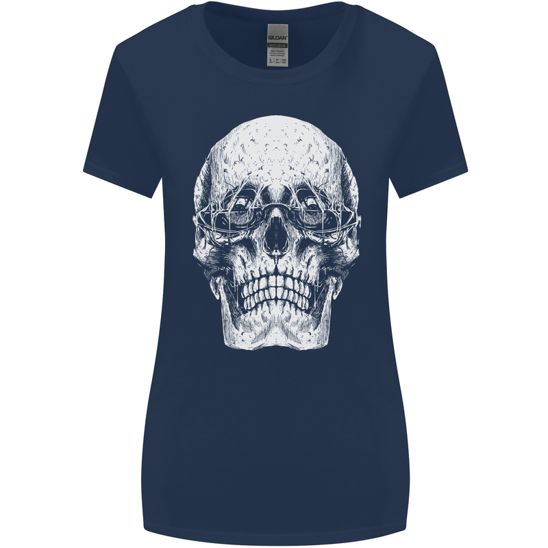 Old Man Skull With Glasses Gothic Biker Womens Wider Cut T-Shirt Navy Blue