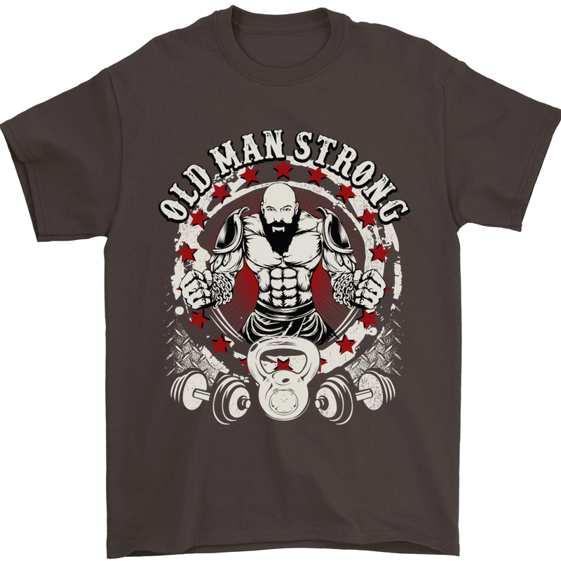 Old Man Strong Gym Age Bodybuilding Mens T-Shirt Cotton Gildan Dark Chocolate