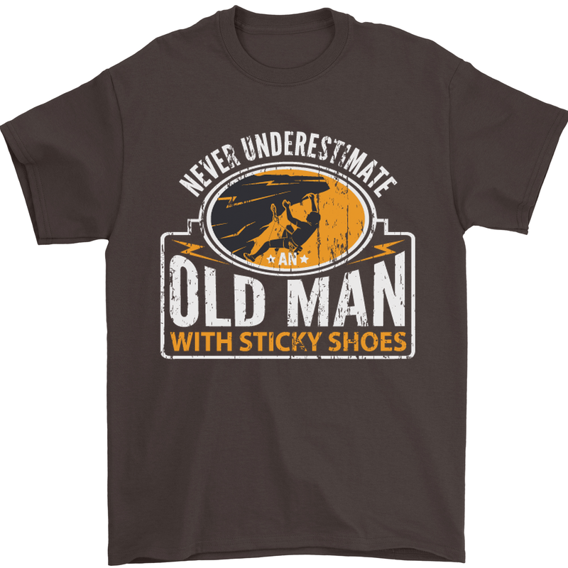 Old Man With Sticky Shoes Climbing Climber Mens T-Shirt Cotton Gildan Dark Chocolate