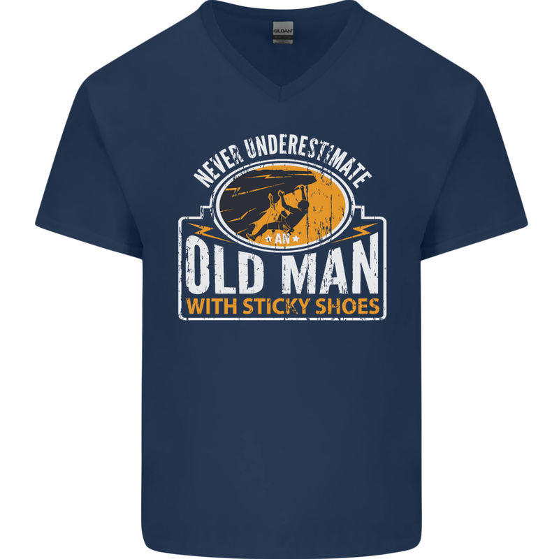 Old Man With Sticky Shoes Climbing Climber Mens V-Neck Cotton T-Shirt Navy Blue