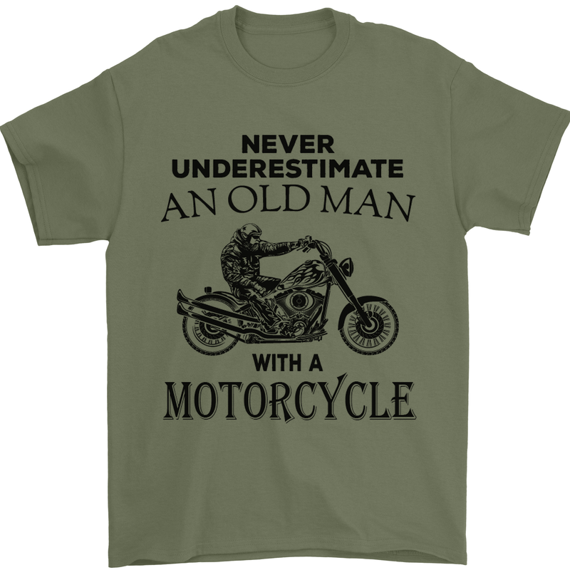 Old Man With a Motorcyle Biker Motorcycle Mens T-Shirt Cotton Gildan Military Green